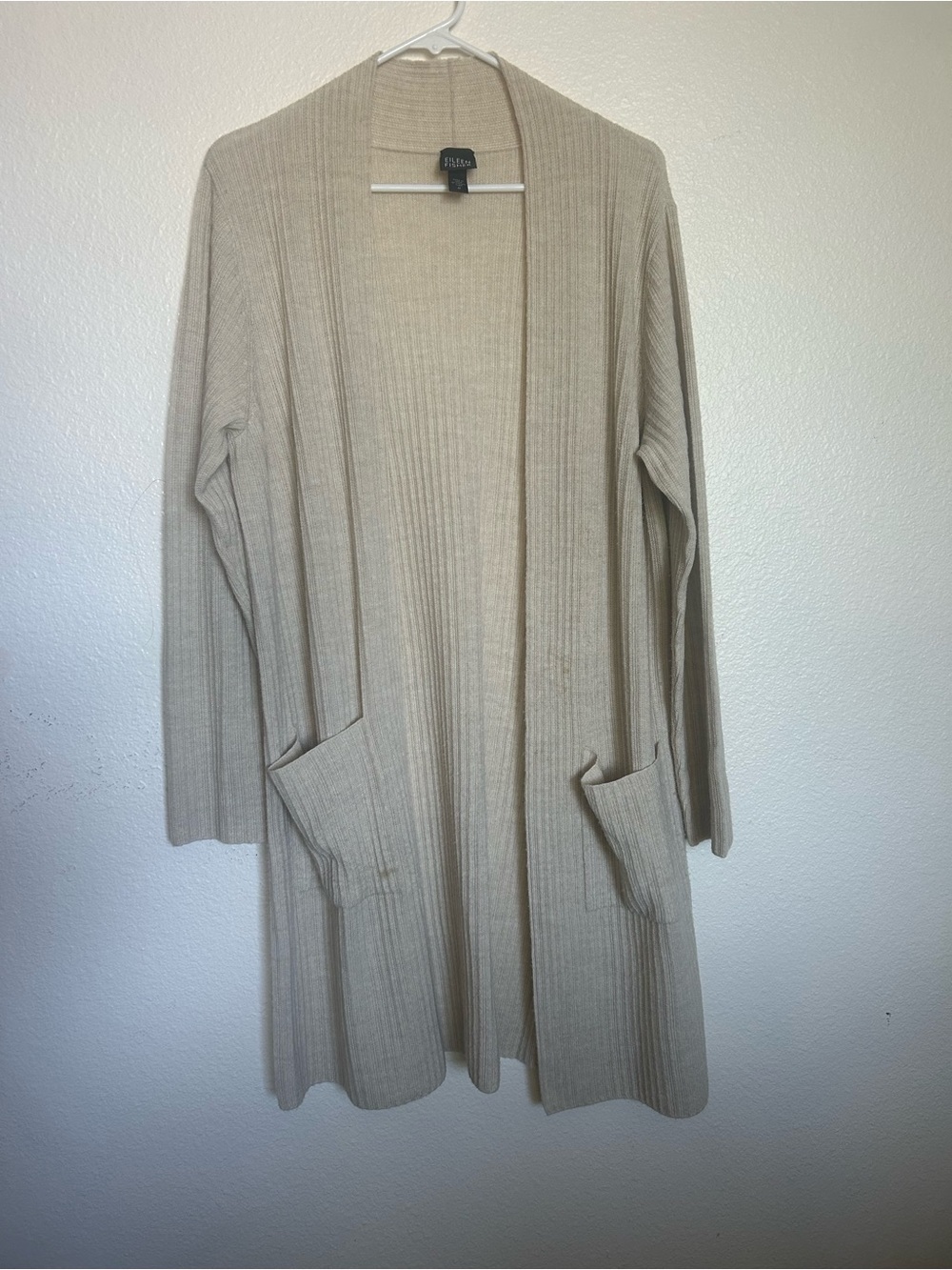 Eileen Fisher Open Front Long Ribbed Cardigan - Light Beige
